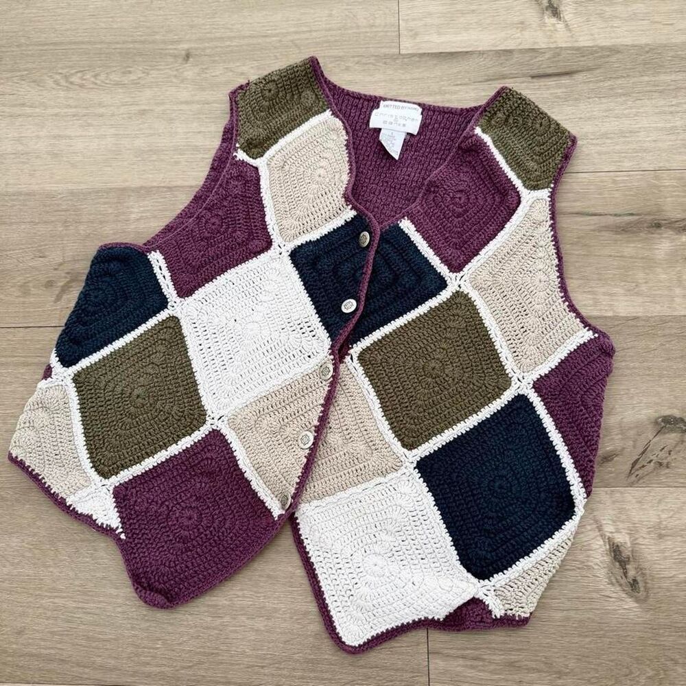 Christopher Banks Women's Large Purple & Green Crochet Knit Vest Boho Grandma